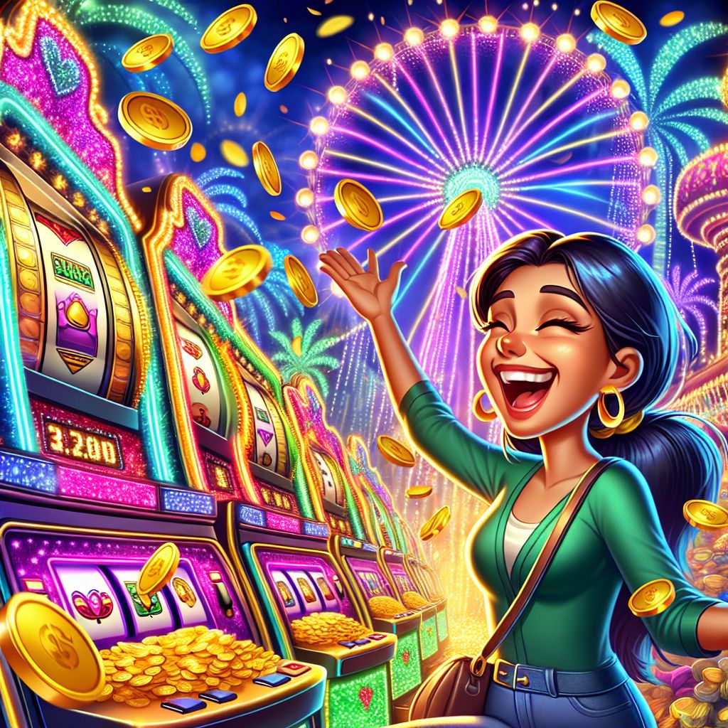 Bet959 slot machine characters celebrating wins with golden coins