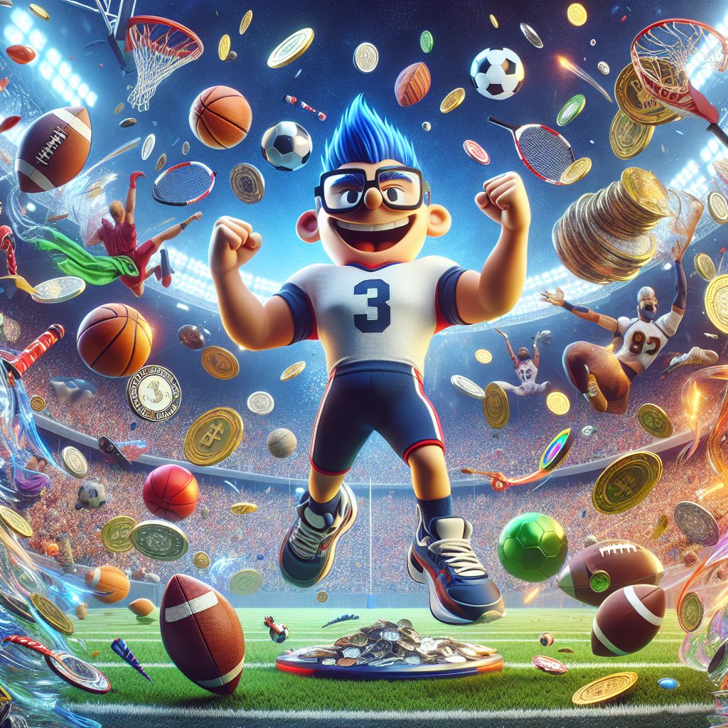 Bet959 sports betting character celebrating a winning bet with stadium background